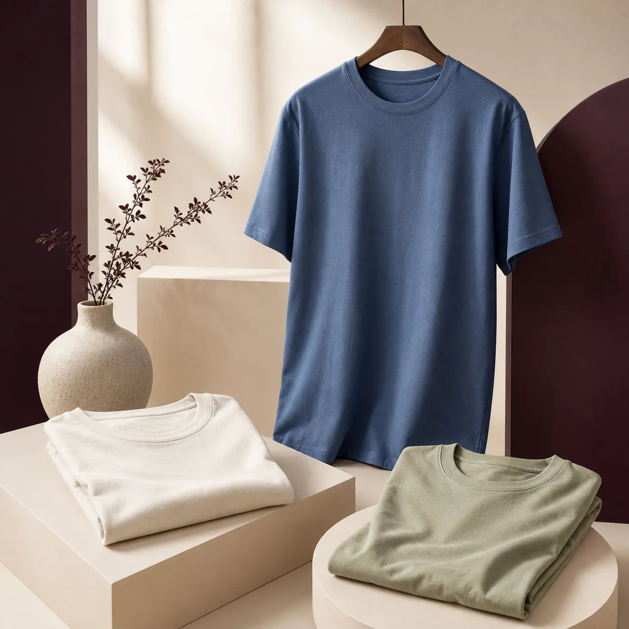 Blue, ivory and sage crew-neck T-shirts