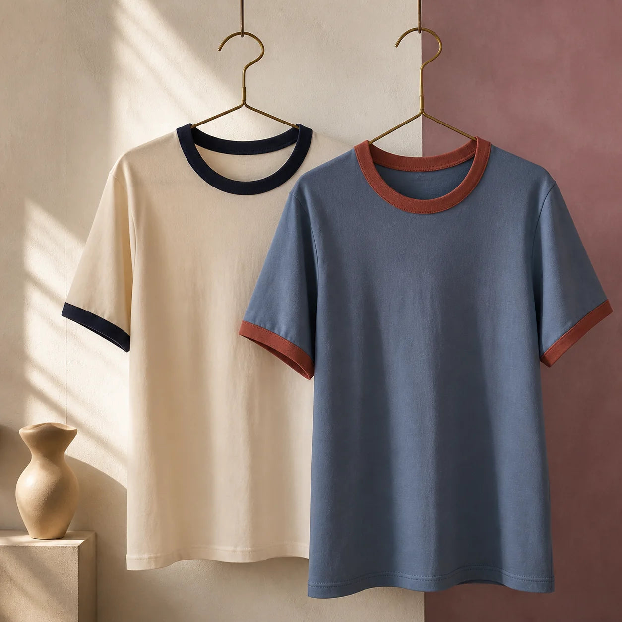 Ivory and blue contrast-trim ringer T-shirts