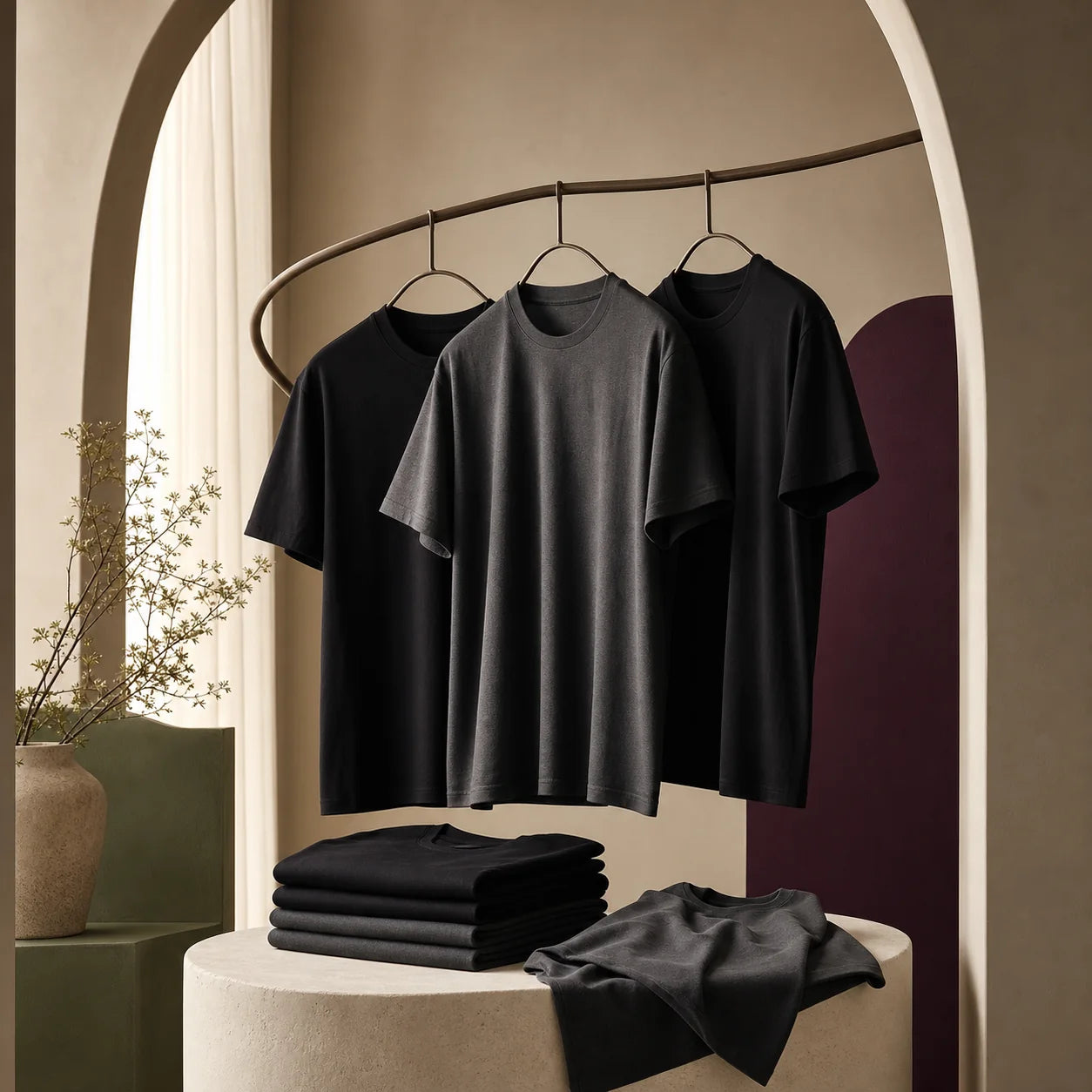 Black crew-neck T-shirts in a contemporary studio setting