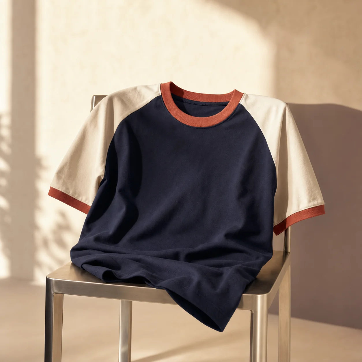 Blue contrast-trim ringer T-shirt in warm studio light